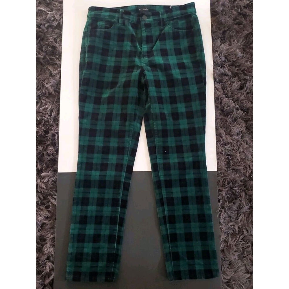 Talbots Size 8P Velveteen Green Plaid Tartan Straight Leg St Patrick's Day Pants